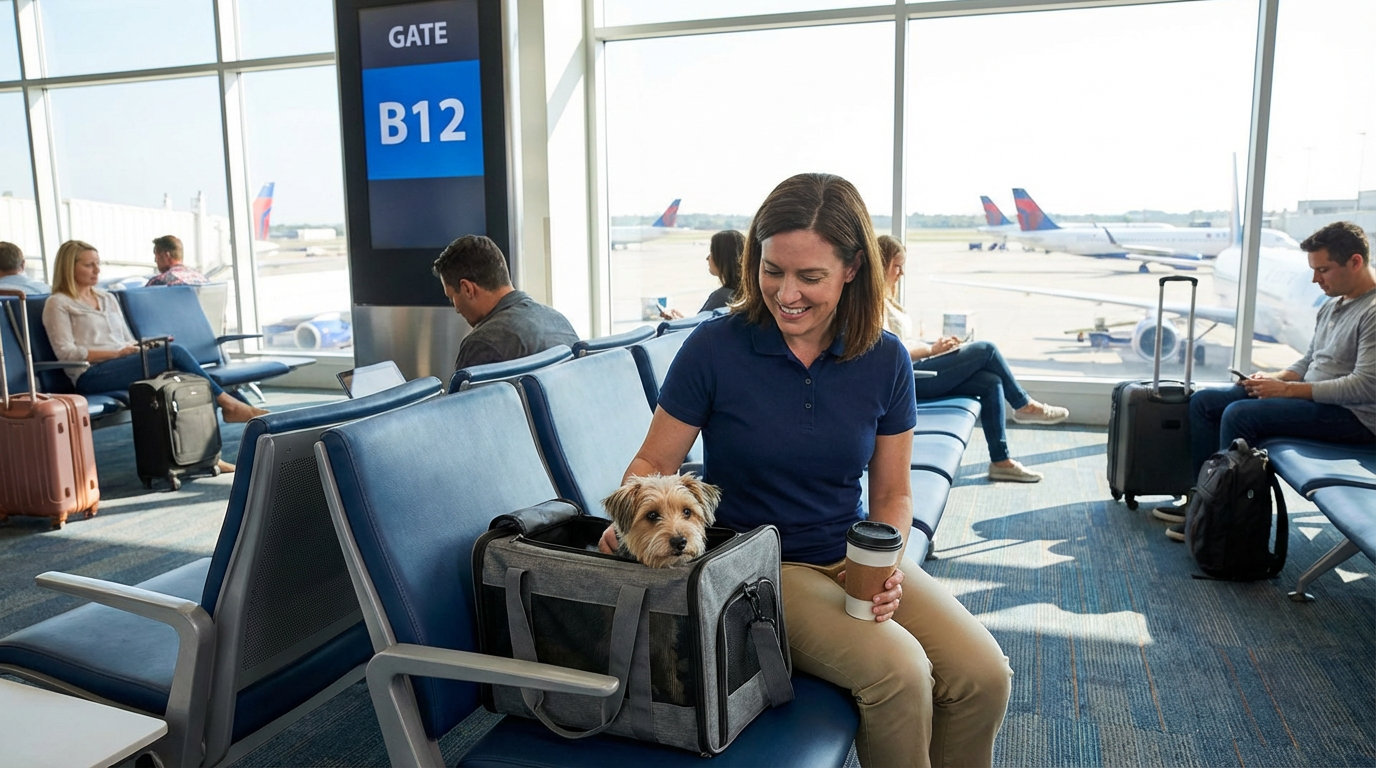 Professional flight nanny escorting pet through airport for safe air travel