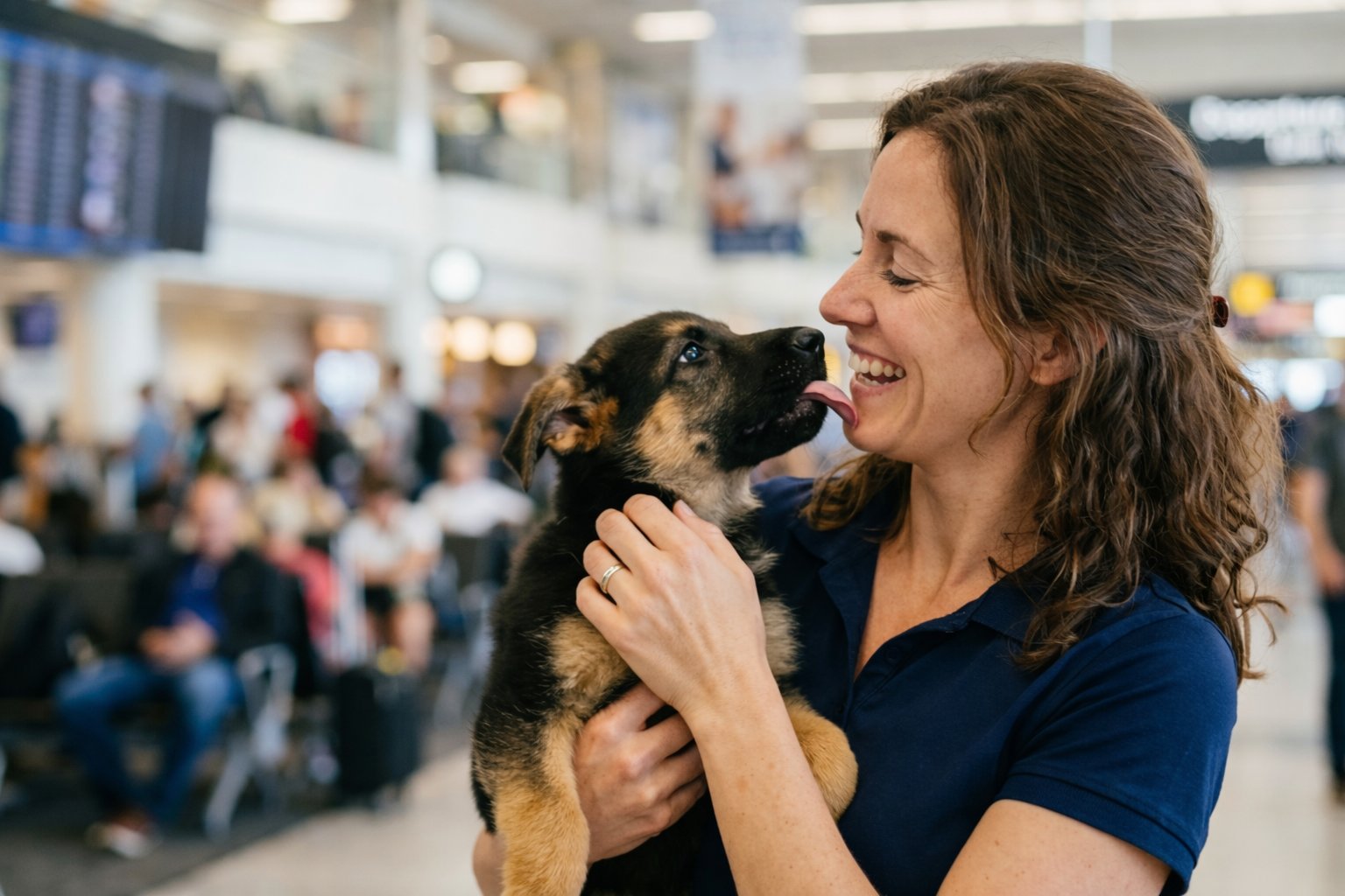 Professional pet transport team with happy dog